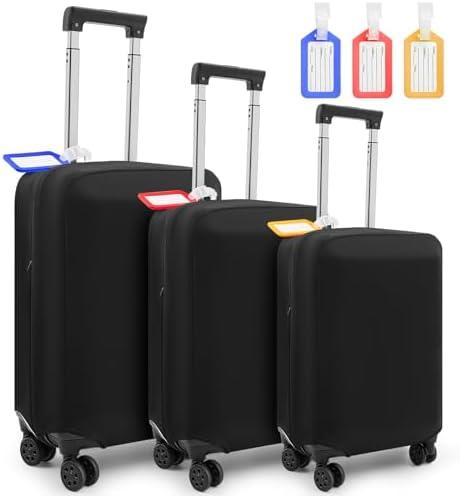 Paterr 3 Pieces Luggage Cover Travel Suitcase Protector Anti Scratch with 3 Pcs Plastic Luggage Tags 20/24/ 28 Inch Suitcase Cover Protector Washable Fits 18 to 28 Inch 3 Sizes, black