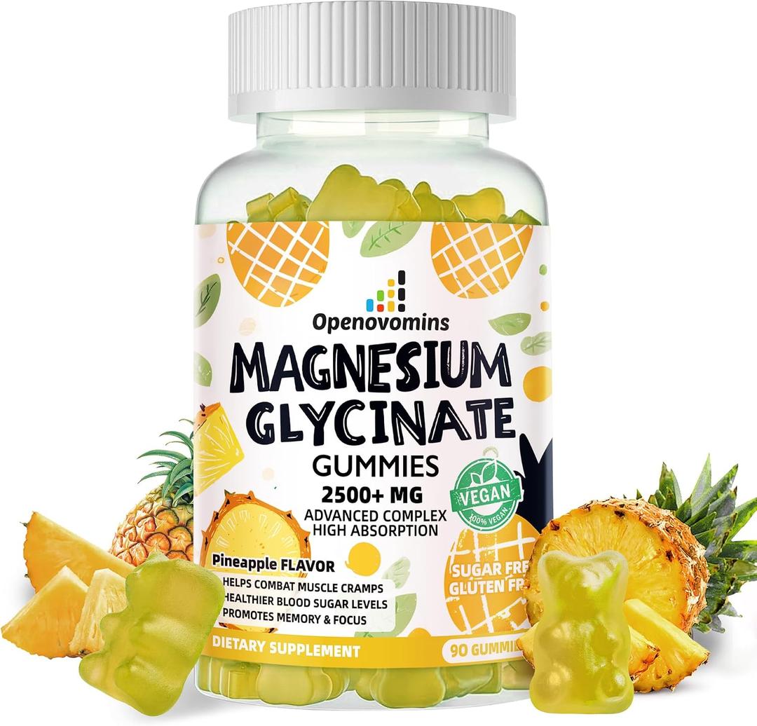 3 x Magnesium Glycinate Gummies 2500mg - Sugar Free Magnesium Potassium Supplement with Vitamin D, B6, CoQ10 for Calm Mood & Sleep Support - 90 Pineapple Gummies