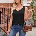 YAMANMAN Women Double Layer Satin Tops V Neck Casual Cami Sleeveless Camisole Blouses Summer Basic Tank Shirt Women Tank Top (Black)