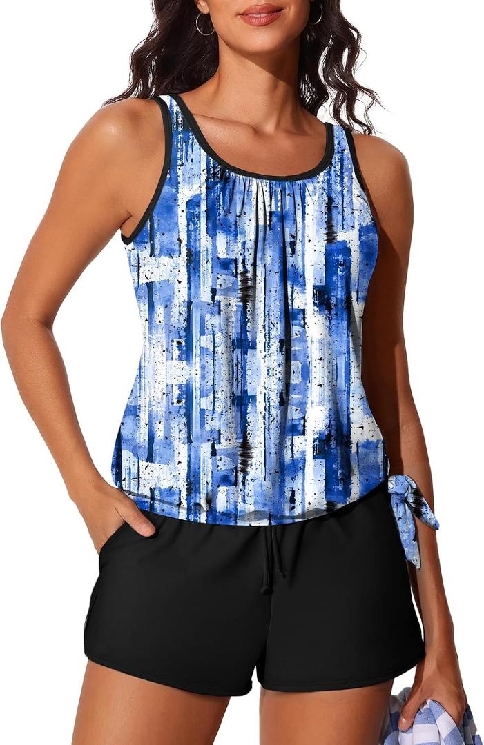Summer Mae Blouson Womens Tankini Swimsuits with Shorts Tummy Control Bathing Suits Side Pockets 2026 (Black, XL)