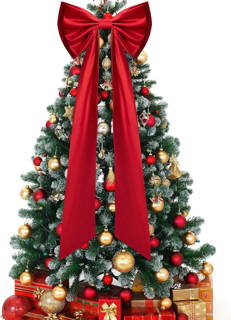Iceyyyy 52.2 x 15.5 Inch Christmas Tree Topper Red Satin Bows,Double Layer Extra Large Tree Topper Ornament Bow,Giant Red Christmas Tree Bow for Indoor Outdoor Holiday Party Home Decor