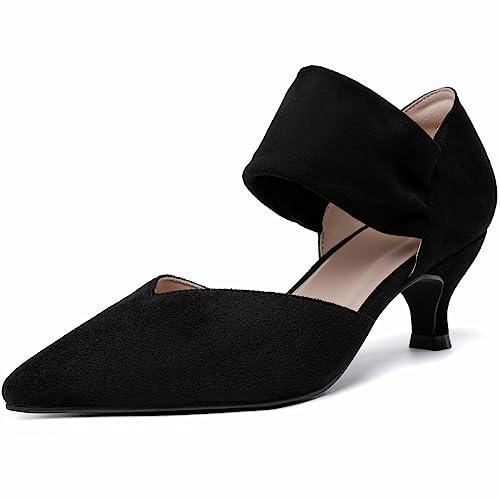 RIBONGZ Black Kitten Heels for Women Closed Toe Church Shoes Comfortable Low Heels Pointed Toe Sexy Slip on Pumps Wedding Bridal Party Dressy Shoes 9