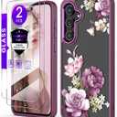 for Samsung Galaxy S24 FE 5G Case+Tempered Glass Screen Protector,Military Grade Protective Slim Soft TPU Hard PC,Girls Women Crystal Clear Flower Pattern Case Cover for Galaxy S24 FE-Purple