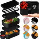 Double Premium Bento Box Adult, 67 fl oz BPA-Free - Black Stackable Lunch Box with Leak-Proof Lids & Dividers, Perfect for Meal Prep, Lunches & Portion Control (Plain Top)