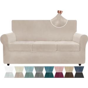 ZNSAYOTX Luxury Velvet Couch Cover 4 Piece (72"-92") Stretch Sofa Covers for 3 Cushion Couch Thick Soft Sofa Slipcover with Non Slip Strap, Dog Pet Friendly Nice Furniture Protector (Khaki)