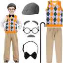 Liitrsh 8 Pcs Old Man Costume for Kids Grandpa Costume 100 Days of School Halloween Vest and Pants for Boys (5-7 Years, Yellow Green Plaid)