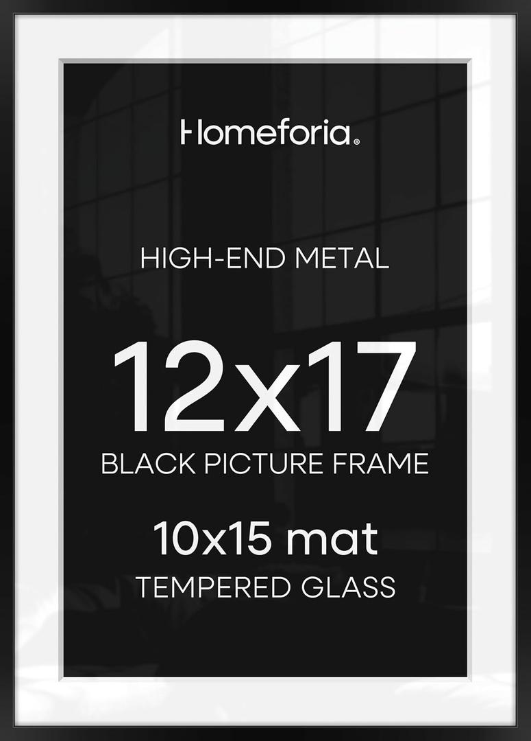 Homeforia 12x17 Picture Frame Black, High End Metal 12x17 Poster Frames with Mat 10x15 for Photo, 12 x 17 Black Frame Matted to 10 x 15 inch Print, 17x12 Thin Frame, Tempered Glass, Wall Kit, Set of 1
