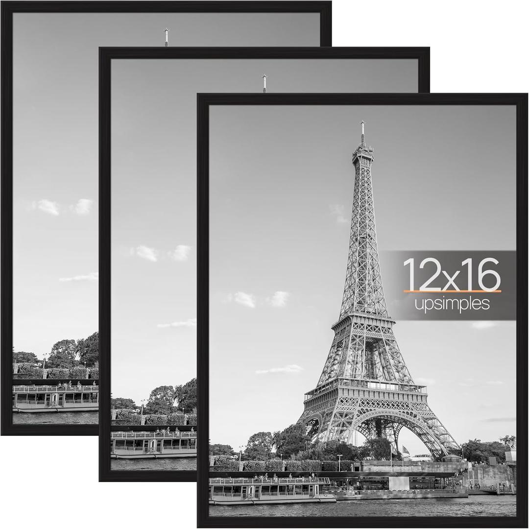 Upsimples 12x16 Picture Frame Black 3 Pack, Scratch-Proof Poster Frames 12 x 16 for Photo Gallery - Slide-In Strips, Horizontal or Vertical Wall Mounting