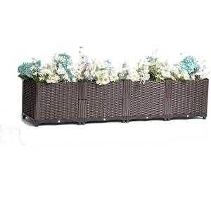 Modern Rattan-Style Plastic Raised Garden Bed Set Indoor Outdoor Plastic Planter Grow Box for Flowers Vegetables and Herb (Pack of 4) (Rectangle)