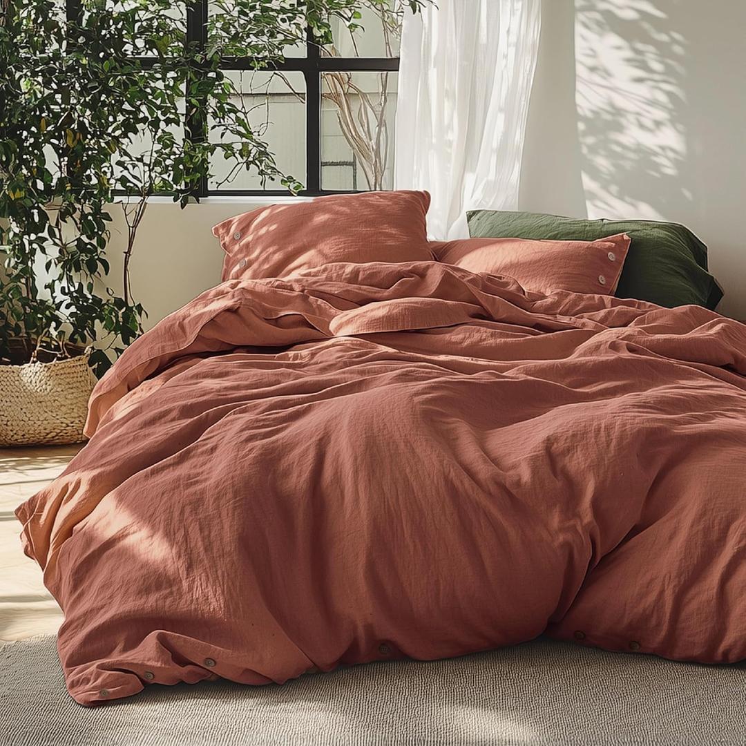 Bedsure Linen Duvet Cover Queen - Linen Cotton Blend Duvet Cover, PureWoven Cooling & Breathable Bedding Set for Hot Sleepers, Moisture Wicking & Durable Cover Set 3 Piece (Burnt Orange)
