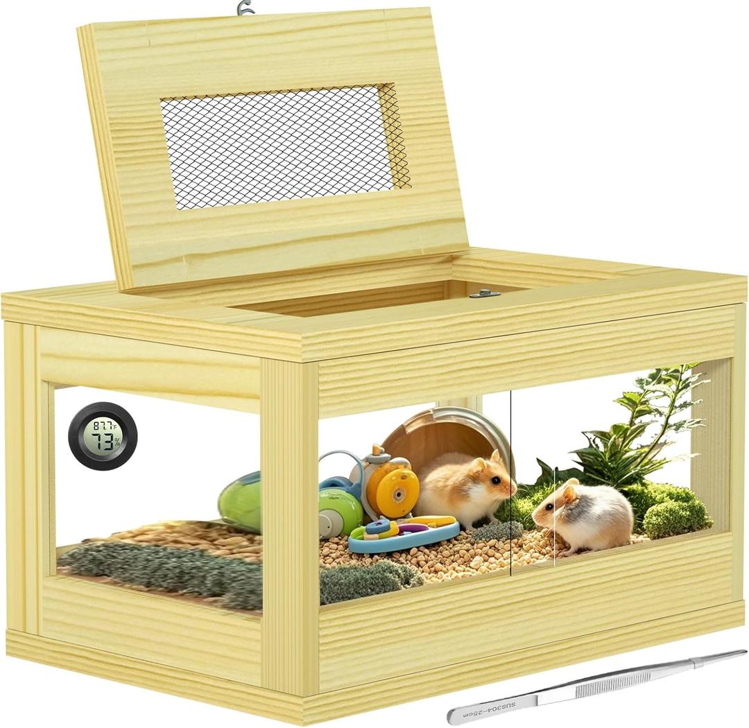 Mini Hamster Cage, Solid Wood Gerbil Cage, Chewproof Hamster Cages and Habitats, Sliding Doors, Top Ventilation Window, Guinea Pig Cages for Small Animals, Dwarf, Syrian, Mice, 20" x 12" x 10"
