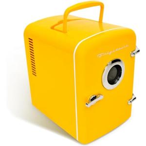 Frigidaire Curtis EFMIS151 Mini Portable Compact Personal Cooler Fridge, 4 Liter Capacity, 6 Cans, Makeup, Skincare, Freon-Free & Eco Friendly, Includes Home Plug & 12V Car Charger, Yellow (Standard)