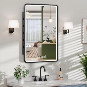 LED Medicine Cabinet Mirror for Bathroom 16x24 Inch, Recessed Medicine Cabinets with Lights, Anti-Fog Bathroom Mirror with Storage, Black Metal Frame, Adjustable Shelves, 3 Color Dimming