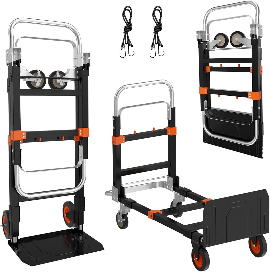 3 in 1 Hand Truck, 600Lbs Capacity, Heavy Duty Collapsible Cart with Retractable Handle, Dolly Cart with 2 Universal Wheel with Brake for Moving Home, Office, School, Shopping, Warehouse, Orange