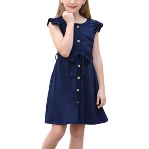 GORLYA Girl's Ruffle Trim Sleeve Button Down Floral Print Casual Vintage Midi Dress with Pockets for 4-12 Years Kids (Navy)