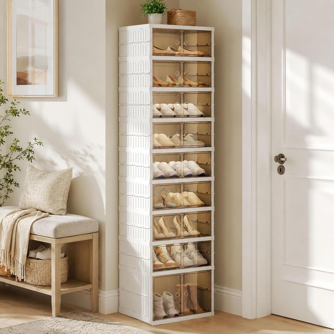ROOM127 Foldable Shoe Cabinet, Tall 8-Tier Shoe Rack with Boot Shelf | ROOM127 Foldable Shoe Cabinet, 8-Tier Shoe Rack with Tall Boot Shelf Holds Up to 18 Pairs, White Frame with Light Amber Doors