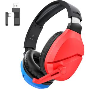 WolfLawS Wireless Gaming Headset with Noise Canceling Microphone for PS5, PC, PS4, 2.4G/Bluetooth Gaming Headphones with USB and Type-c Connector, Wired Mode for Controller - Blue and Red