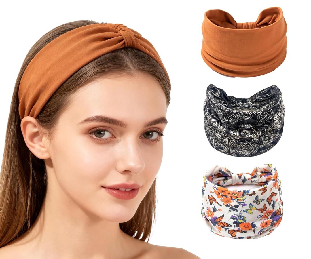 XEF Headbands for Women Bohemian Wide Floral Thick Hair Band No Slip Gym Elastic Twist Knot Athletic Headband Sweatbands Fashion Hair Accessories for Teen Girls (Fblack&Byellow&Brown)