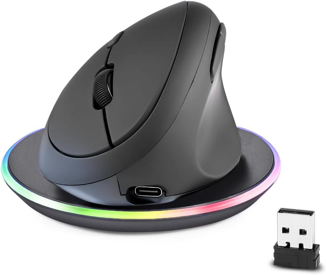 Perixx PERIMICE-719RX Wireless 2.4G Rechargeable Ergonomic Mouse - Duo Wired and Cordless Charging Feature - Wireless Charger Included - Black