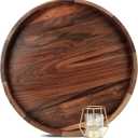 18 Inches Extra Large Round Black Walnut Wood Ottoman Tray with Handles, Serve Tea, Coffee or Breakfast in Bed, Classic Circular Wooden Decorative Serving Tray
