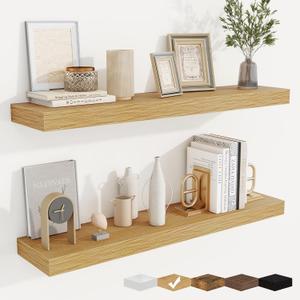fuqing Floating Shelves for Wall, Wall Mounted Wood Floating Shelf with Invisible Brackets for Living Room, Bathroom, Bedroom, Kitchen Storage and Decor, 36 Inch Set of 2, Oak, 36"w X 6.5"d , 2 Pack