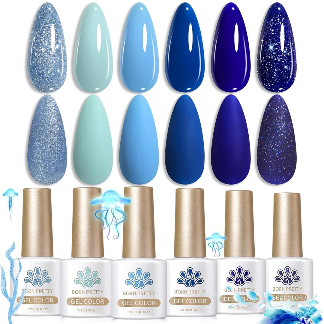 Born Pretty Blue Gel Nail Polish Set 6 Colors Spring Summer Light Baby Royal Blue Reflective Glitter Gel Polish Soak Off Nail Art Manicure DIY Design Home and Salon Holiday Gift