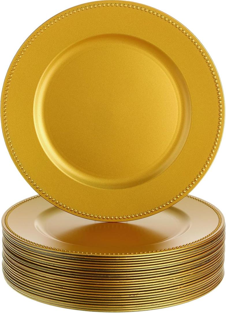 Dandat 50 Pack 13 Inch Charger Plates Plastic Round Dinner Plate with Beaded Rim Reusable Charger Service Plates Reliable Chargers for Wedding Party Dinner Table Decoration(Gold,Classic)