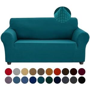 Joccun Stretch Loveseat Couch Cover, 1-Piece Sofa Cover for 2 Cushion Couch Spandex Jacquard Washable Furniture Protector Cover for Living Room,Kids,Pets（Loveseat,Peacock Blue）