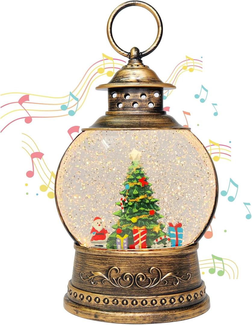 Christmas Tree Scene Snow Globes with Present Boxes, Glittering Lantern USB or Battery Powered Desktop Ornament and Christmas Decoration