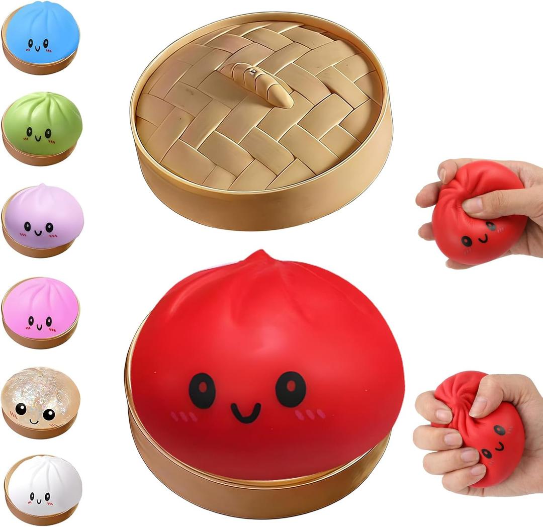 Dumpling Squishies Toy, Giant Glitter Dumpling, Colorful Steamed Bun Stress Balls Fidget Sensory Toy,Squeeze Dough Ball Stress Relief Hand Toys with Food Steamer Stretchy Desk Toys (Red)