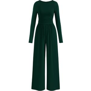 PRETTYGARDEN One Piece Jumpsuits for Women Dressy Casual Long Sleeve Crewneck Wide Leg Romper Overalls Spring Outfits 2026 (X-Small, Dark Green)