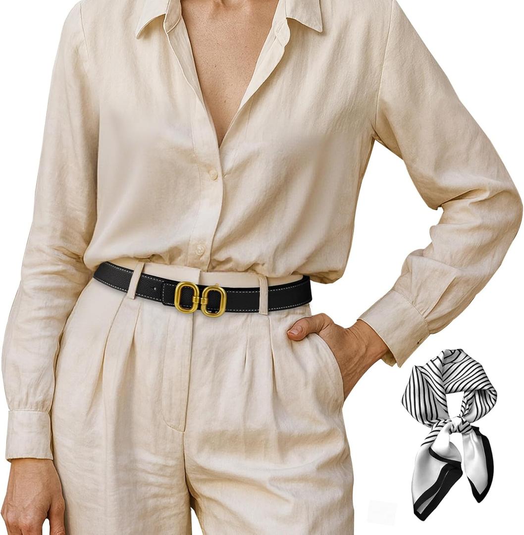 2 x Women's Leather Belt for Jeans, Dress, Pants & Formal Outfits, Ladies Trendy Reversible Design Belt with Gold Buckle