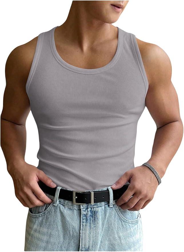 COZYEASE Men's Summer Tank Top Scoop Neck Workout Gym Muscle Tank T-Shirt Sleeveless Undershirt Plain Grey Small