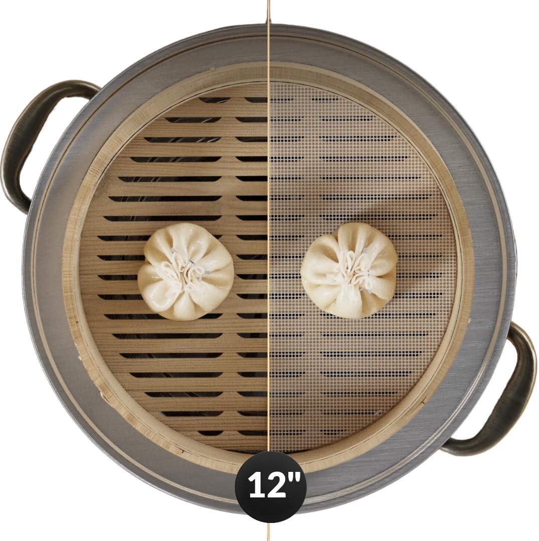 Prime Home Direct Bamboo Steamer Silicone Liners 12Inch | 6 Count | BPA Free | Reusable & Non Stick for Air Fryer, Dumpling Food Steam Pot & Dim Sum Steaming | Round Mesh Parchment Baking Sheet Paper