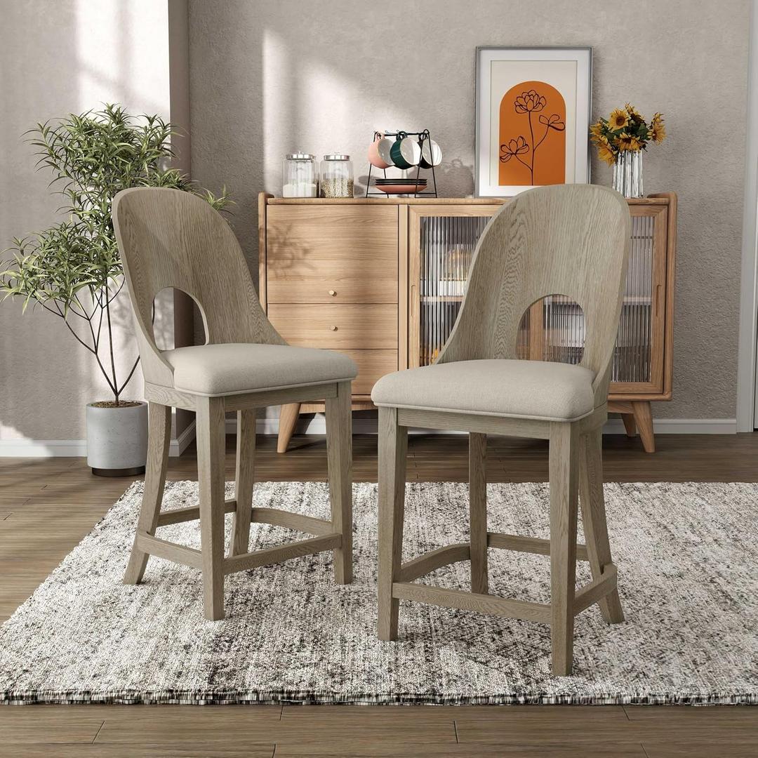 Furniture of America Selyra Modern Solid Wood Counter Height Chairs Set of 2 with Curved Wood Back, Comfortable Upholstered Seating for Dining Room, Home Kitchen, White Oak
