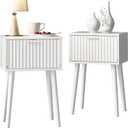 LAATOOREE Nightstands Set of 2, Small Side Table, Bedside Table with Fluted Door, Solid Wood Feet; Modern Mid-Century End Table for Bedroom, Small Space (White)