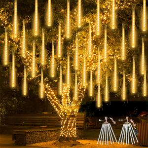 2-Pack Christmas Decorations Lights Outdoor, Total 384LED Meteor Shower Lights with Timer, 30cm 16 Tubes Indoor Outdoor Snow Cascading String Light for Xmas Tree Roof Party Garden Decor (Warm White)