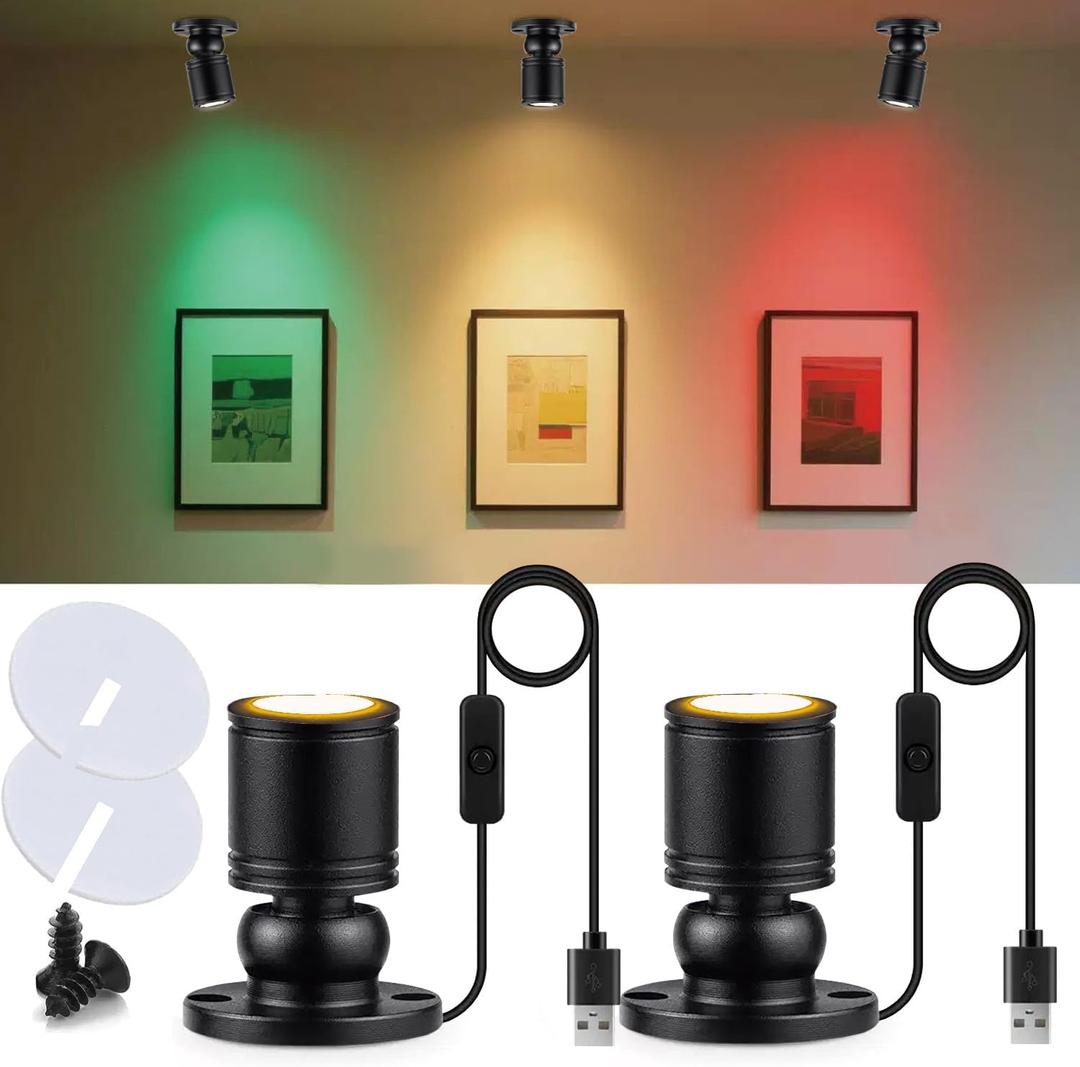 USB Powered Mini Spotlights for Displays 2-Pack 5V Small LED Spot Lights Indoor, 7 Color Options, Compact USB Spotlight for Display Cases, Shelves, Cabinets, and Artwork (2PACK Warm Light)