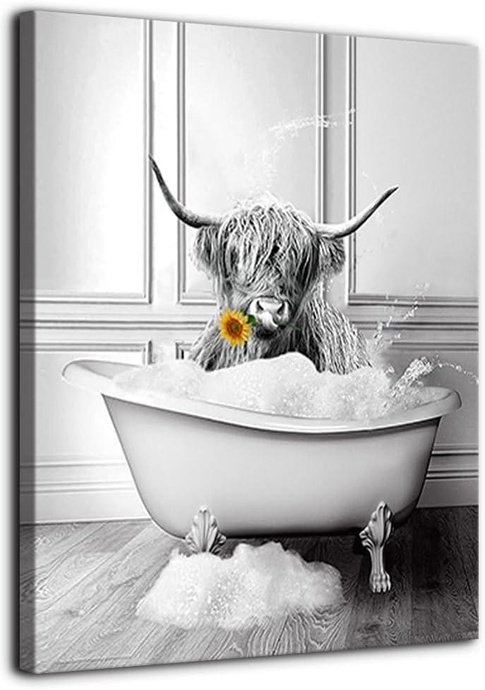 Yaoliyu Highland Cow Wall Art Farmhouse Bathroom Decor Black and White Canvas Prints Cow in Bathtub Picture Stretched and Framed Ready to Hang 16x20inch