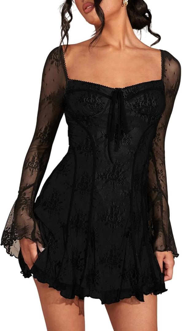 SOLY HUX Women's Lace Mesh Flare Long Sleeve Mini Dress Ruffle Flowy Party Cocktail Dresses (Large, Pure Black)