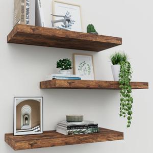 Floating Shelves for Wall Set of 3, 16" Rustic Brown Floating Shelves for Wall Decor, Home Decor, Frame Display Wall Mounted Wall Shelf for Bedroom, Kitchen, Bathroom, Living Room