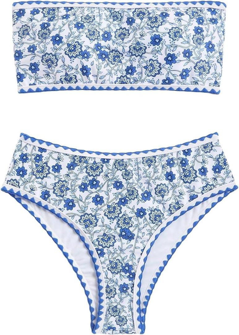 WDIRARA Women's Floral Print Strapless Lace Up Bikini Swimsuit 2 Piece Bathing Suit (Blue and White) S