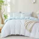Comforter Queen Set Light Blue Striped Soft Luxury Washed Microfiber Jacquard 3 Pieces Bedding, White Light Blue Vertical Ticking Stripes Comforter with 2 Pillowcases Breathable Durable Comfy