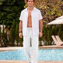 PRIVIMIX Mens Breathable Linen Pants Loose Fit Cotton Casual Pants for Summer Beach with Elastic Waist Drawstring White L (White, L)