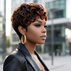 Pixie Cut Wig Human Hair for Women Highlight Brown Short Straight Wigs 100% Real Human Hair Pixie Cut Wig with Bangs Layered Virgin Hair Glueless Natural Short Wig