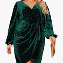 Women's Plus Size Long Sleeve Wrap Semi Formal Velvet Mini Dress Sexy Cocktail Party Winter Club Dress XL