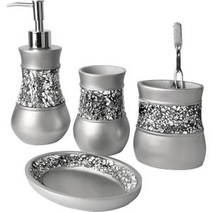 Creative Scents Crackled Glass Silver Bathroom Accessory Set  4-Piece Vanity Set Includes: Lotion Soap Dispenser, Toothbrush Holder, Tumbler, and Soap Dish