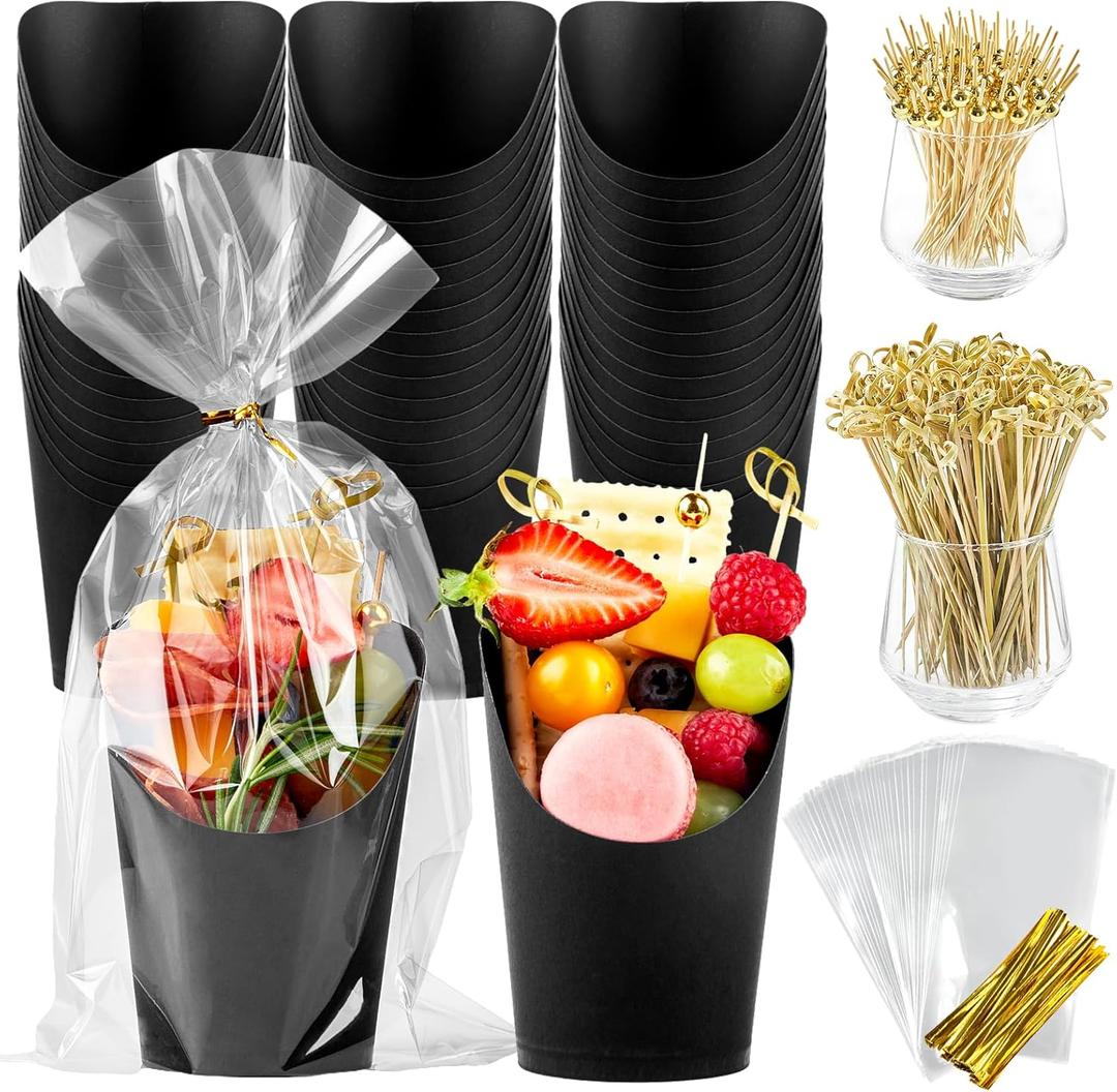 50 Sets 14 oz Charcuterie Cups with Sticks and Bags, Individual Black Paper Charcuterie Boxes Disposable Individual Appetizer Serving Cups (50 Cups + 200 Cocktail Picks + 50 Bags + 50 Ties)