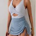 B2prity Women Mesh One Piece Swimdress Swimsuit Tummy Control V Neck Cutout Bathing Suit Wrap Drawstring Sarong Swimwear (Blue, S)