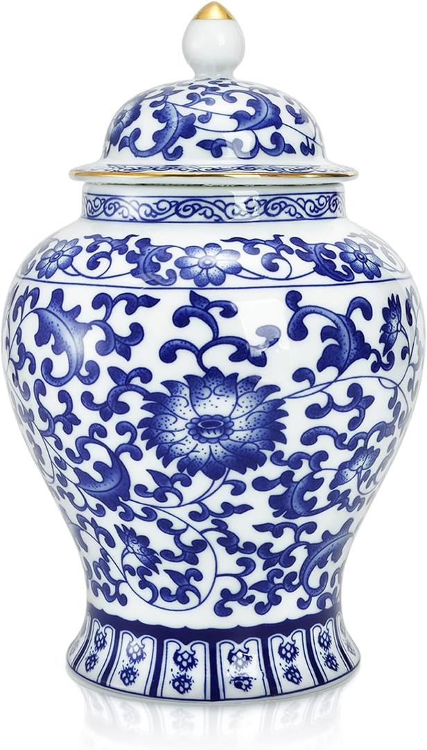 Goaste Blue and White Ginger Jar with Lid, 7.2 Inch Chinoiserie Porcelain Ginger Jars Airtight, Decorative Ceramic Tea Candy Storage Jar, Handmade Vintage Flower Vase for Home Decor, Sugar Nuts Herbs